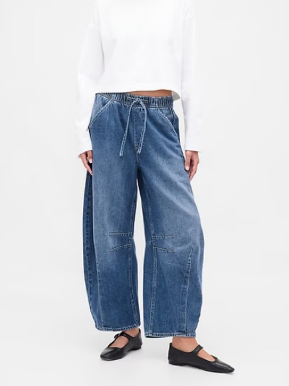GAP Wide Leg Drawstring Barrel Denim Pants in Blue